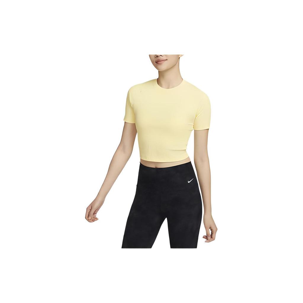 Nike Zenvy Solid Logo Quick-Dry Ribbed Short Sleeve T-Shirt Women Tops Soft-Yellow FN7468-722