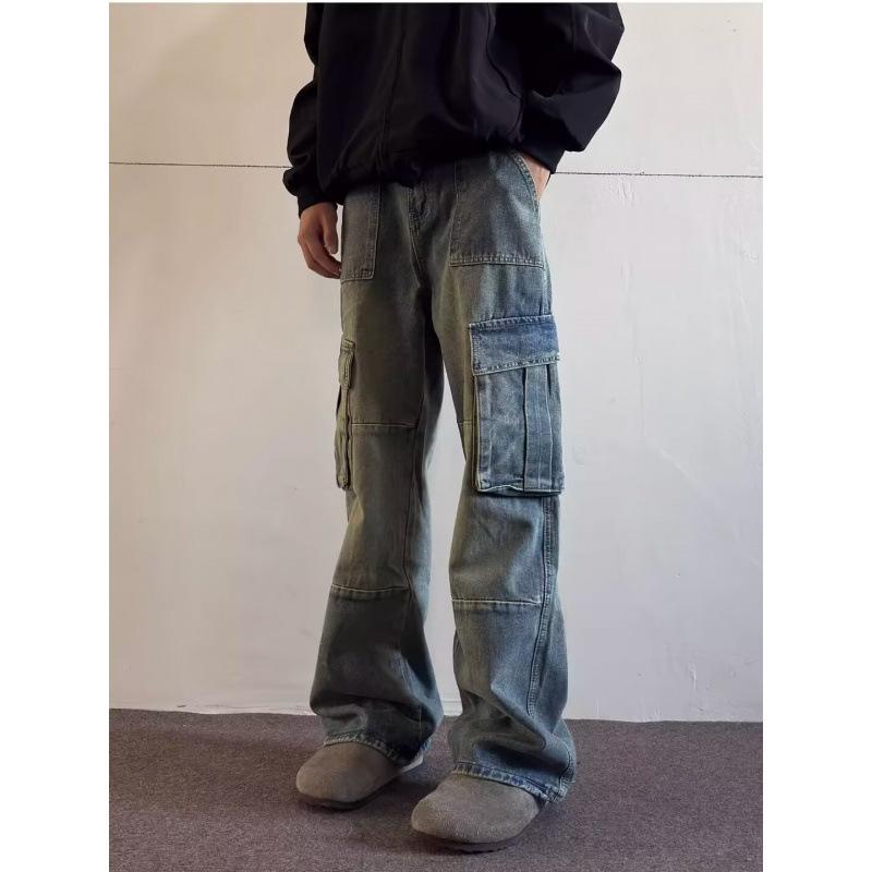 JYL Men s Cargo Pants Heavy Multi-Pocket Wasteland Vintage Loose Wide-Leg Denim S бездна
