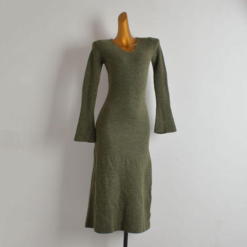 Sample Shirt Solid V-neck Bell Sleeve Knitted Dress Women Clothes Autumn and Winter Sweater Dress Waist Hugging Slimming Over the Knee Long Dress