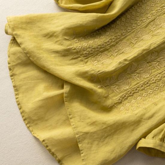 Women Tops Round Neck 3/4 Sleeve Puff Sleeve Loose Fit Casual Tops Embroidery Irregular Hem Blouse Spring Summer Wear