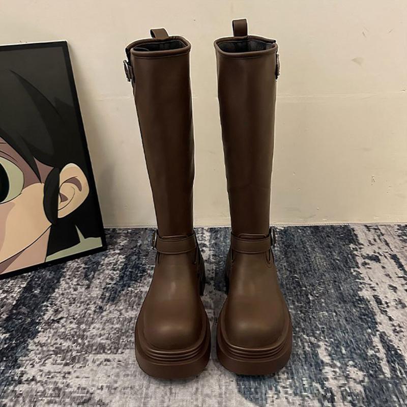 

модные зимние массивные женские ботфорты до колена, модные на платформе, на толстом каблуке, рыцарские длинные ботильоны с ремешком и пряжкой, женская обувь 38 коричневый