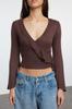 Women's Fashion Brown Wrap Knitwear Look Spanish Sleeve Regular Normal Fit Knitted Blouse