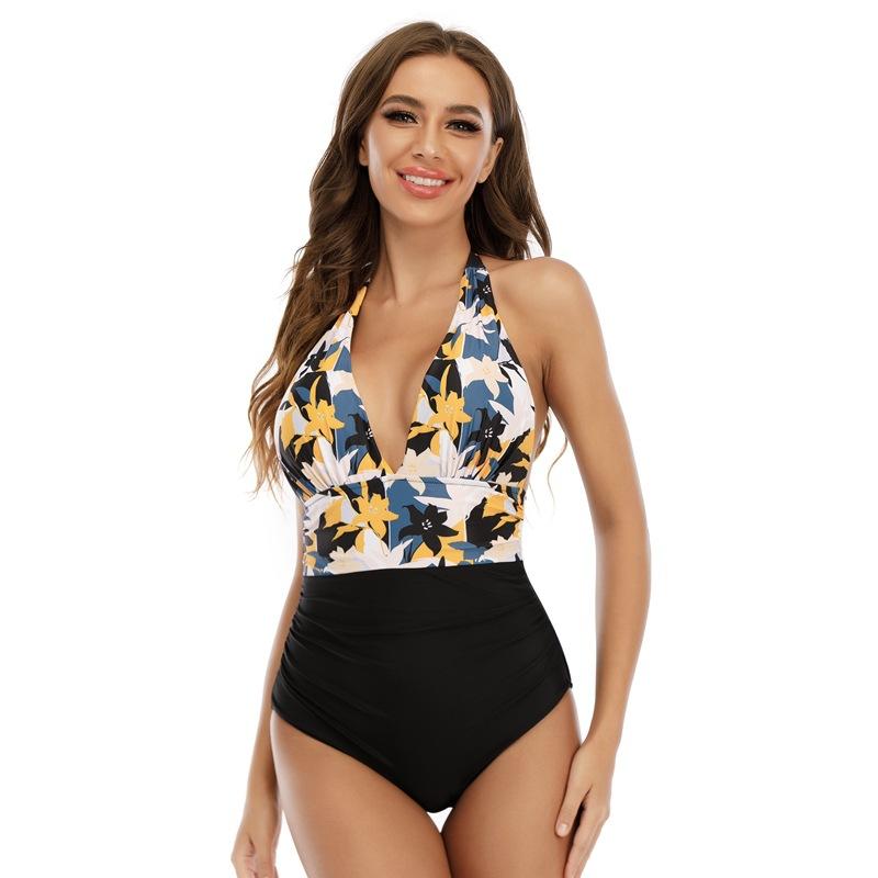 Printed sexy one-piece swimsuit women European and American deep V bow beach swimsuit backless wish S