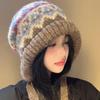 Plush Knitted Hat for Women In Autumn and Winter Handmade Big Head Surround Bag Hat Thickened Warm Furry Face-protecting Small Ear Protection Hat