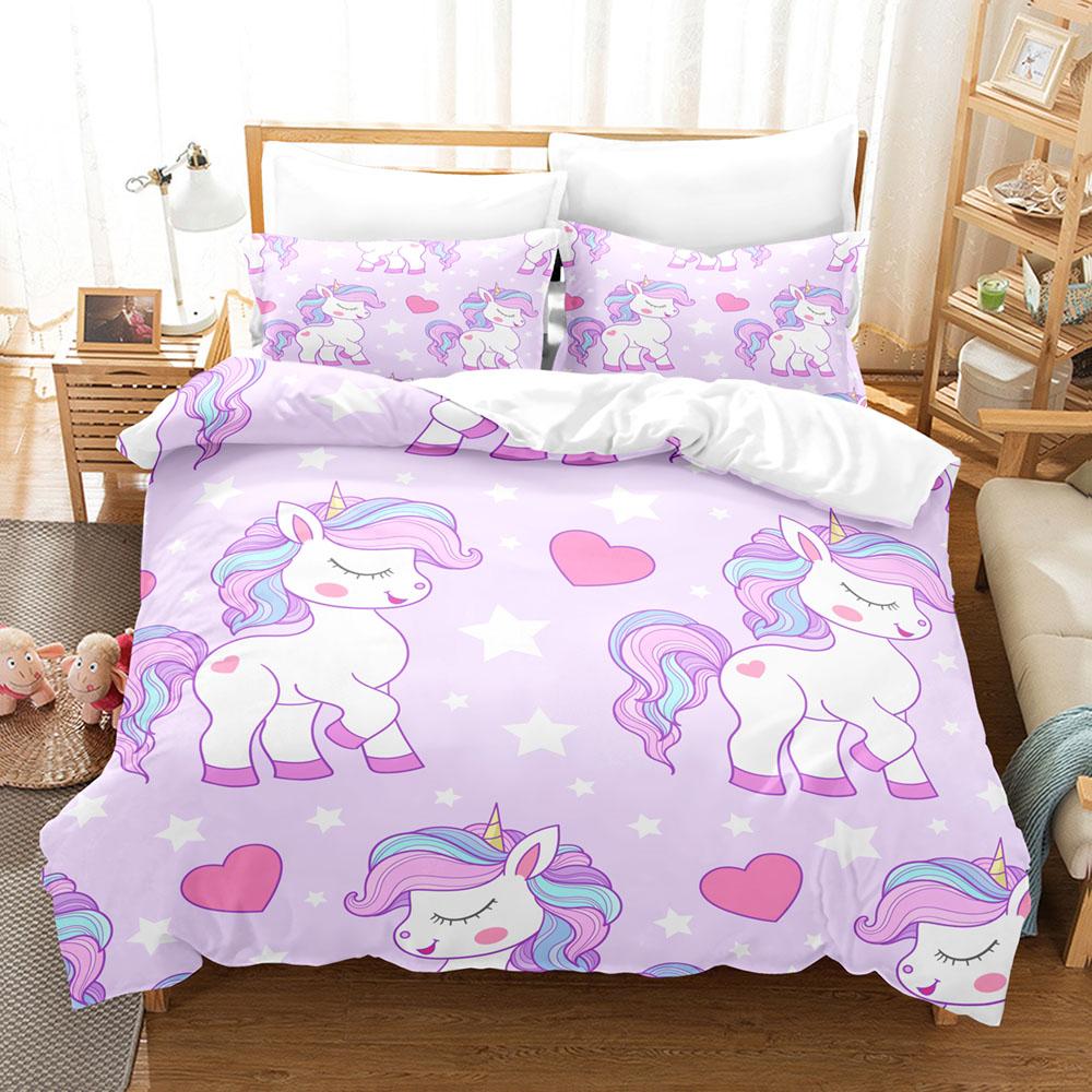 3D Cartoon Bedding Set Unicorn Rainbow Printed Duvet Cover Set Soft Skin-Friendly Single Double King Size for Kids Birthday Gift