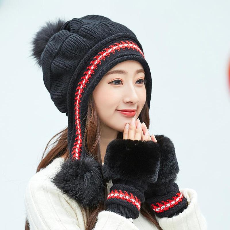 Hat Women's Winter Knitted Hair Ball Glove Set, Student Cycling Women's Fleece Thickened Thermal Ear Protector