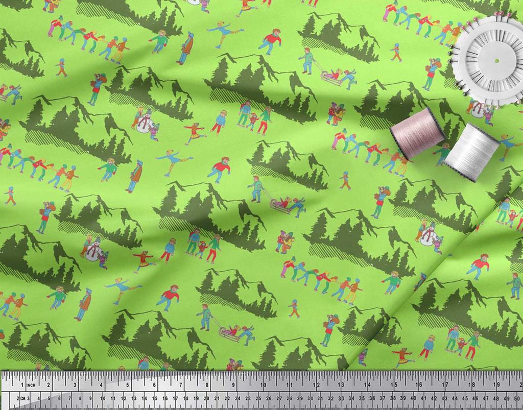 Soimoi Šedá japonská krepová saténová látka Lidé, Sáně a Hory Sváteční dekorační látka Tištěný metr 42 palců