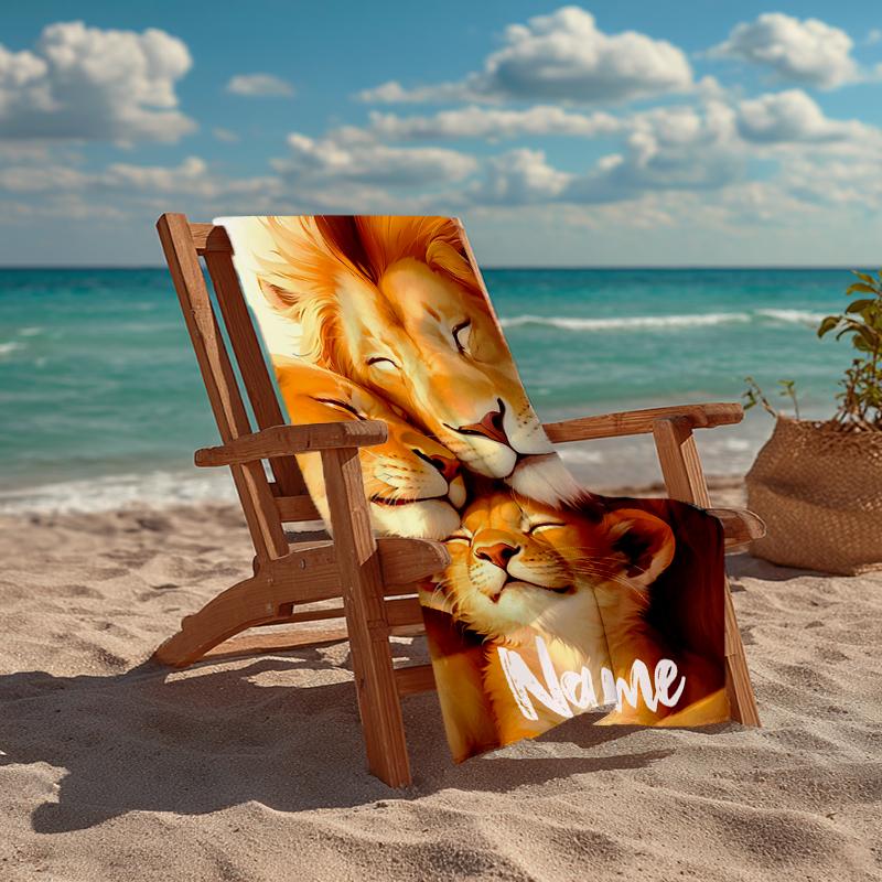 Custom Name Ultra-Soft Beach Towel with Lion Theme,Ideal for Pool - Camping, Diving - Perfect Travel Essential, Vibrant Beach Towel.