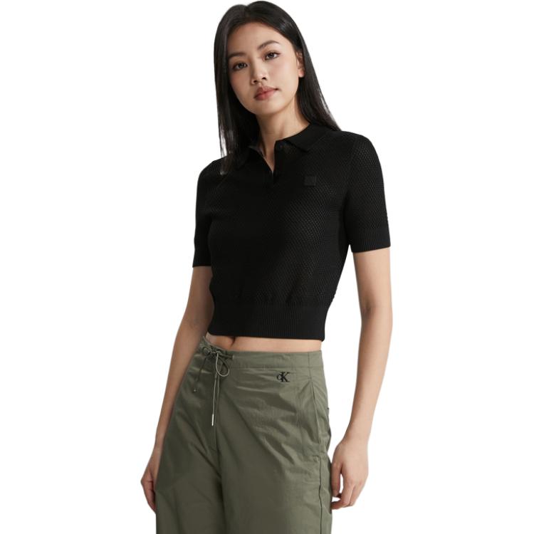 Calvin Klein Minimalist Square Logo Grid Polo Short Sleeve Knit Top Women tops Space-Black J222971-BEH