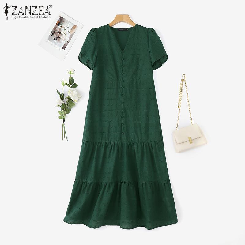 ZANZEA Women Elegant Embroidery Crochet Patchwork Short Sleeve Long Dress