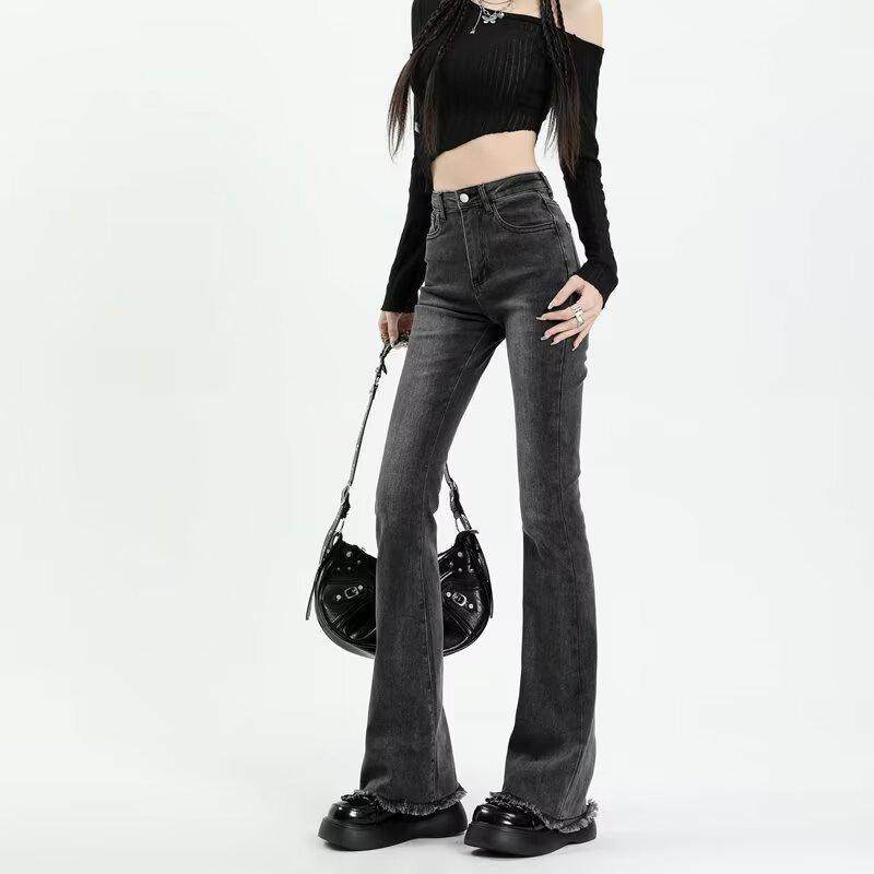 Spring/Summer Women's Black-Gray Frayed Micro-Flare High-Waisted Jeans