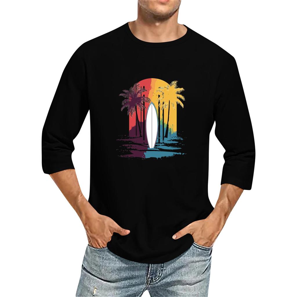 Men's Solid Color Round Neck Three Quarter Sleeve Top T-shirt