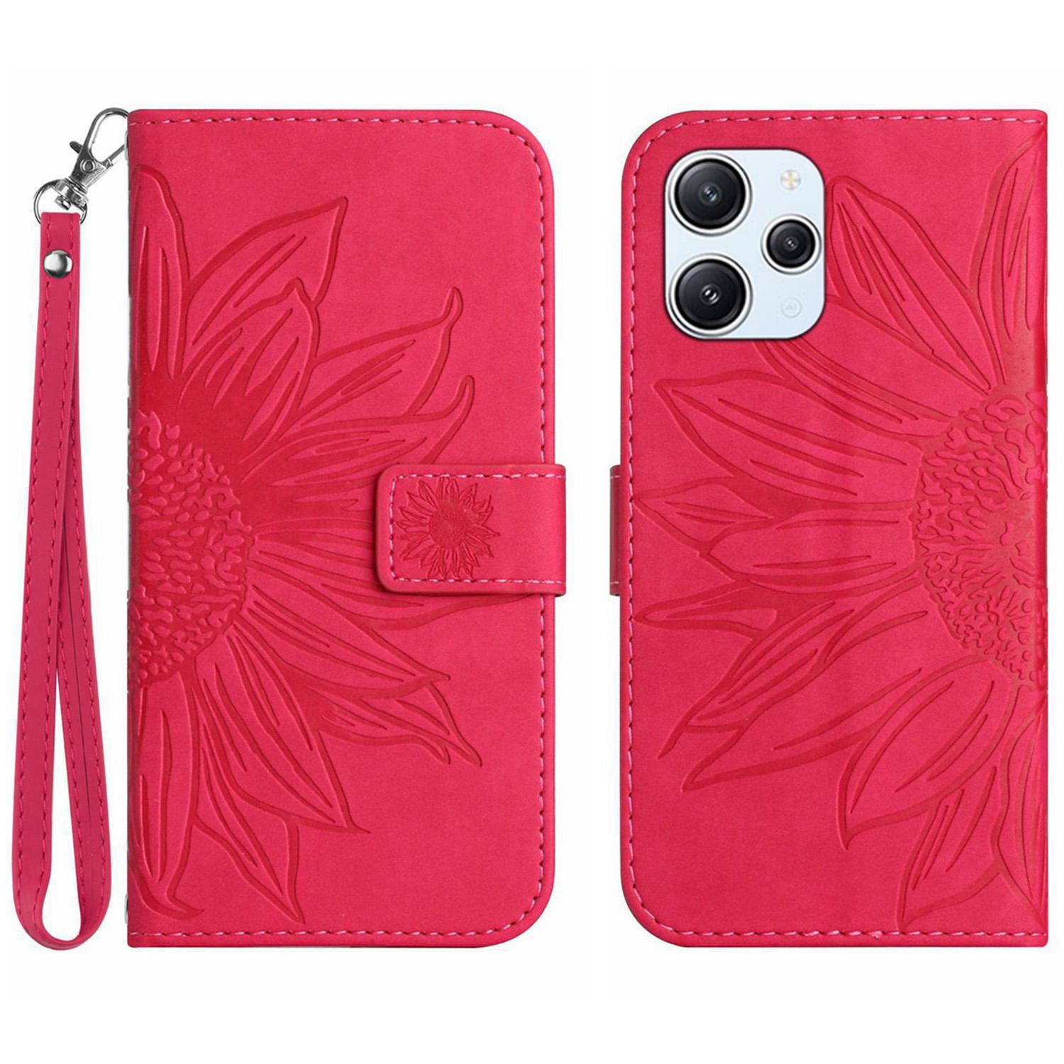 

HT04 For Xiaomi Redmi 12 5G (Global)/Poco M6 Pro 5G Sunflower Imprint Smartphone Cover Leather Wallet Stand Case with Hand Strap Rose