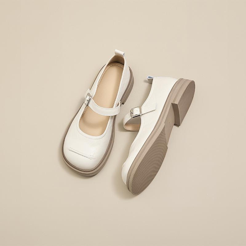 Spring new fashion square head flat-soled single shoes femininity shallow mouth one-word buckle Mary Jane shoes