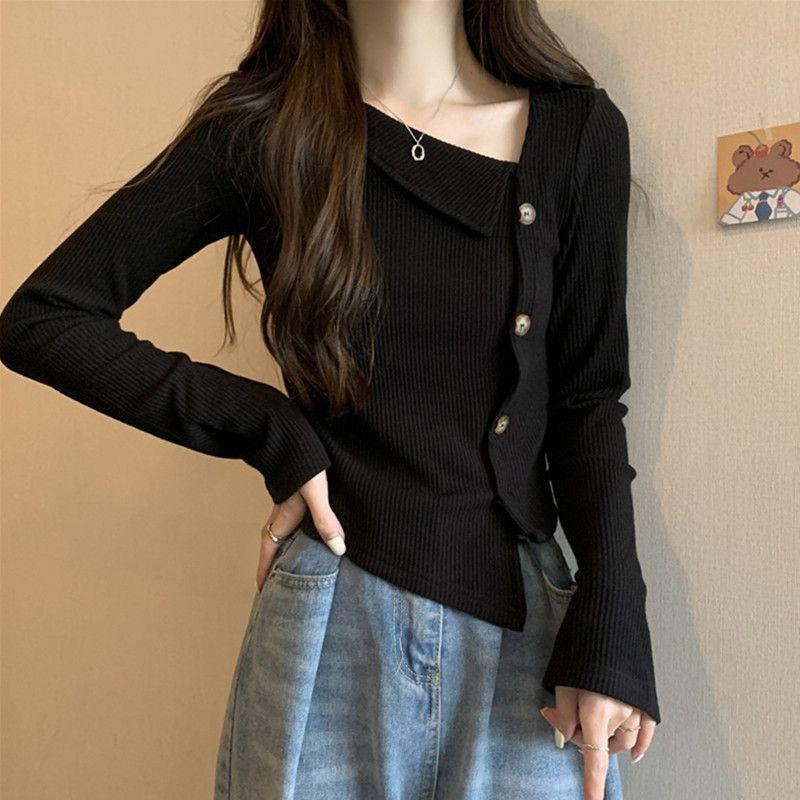 

Женская рубашка с нерегулярной подкладкой, весенний новый дизайн, закрывающий живот, демонстрирующий тонкий темпераментный топ M чёрный