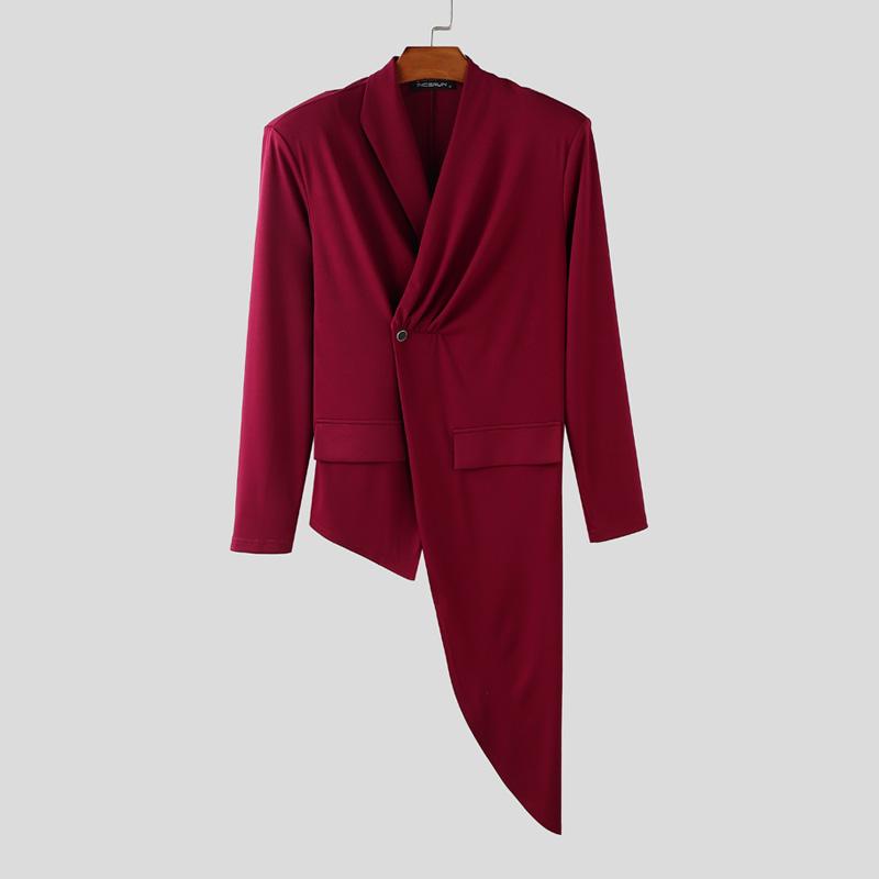 INCERUN Men V Collar Long Sleeve Splits Irregular One Buttons Front Cross Thin Tops Blazer