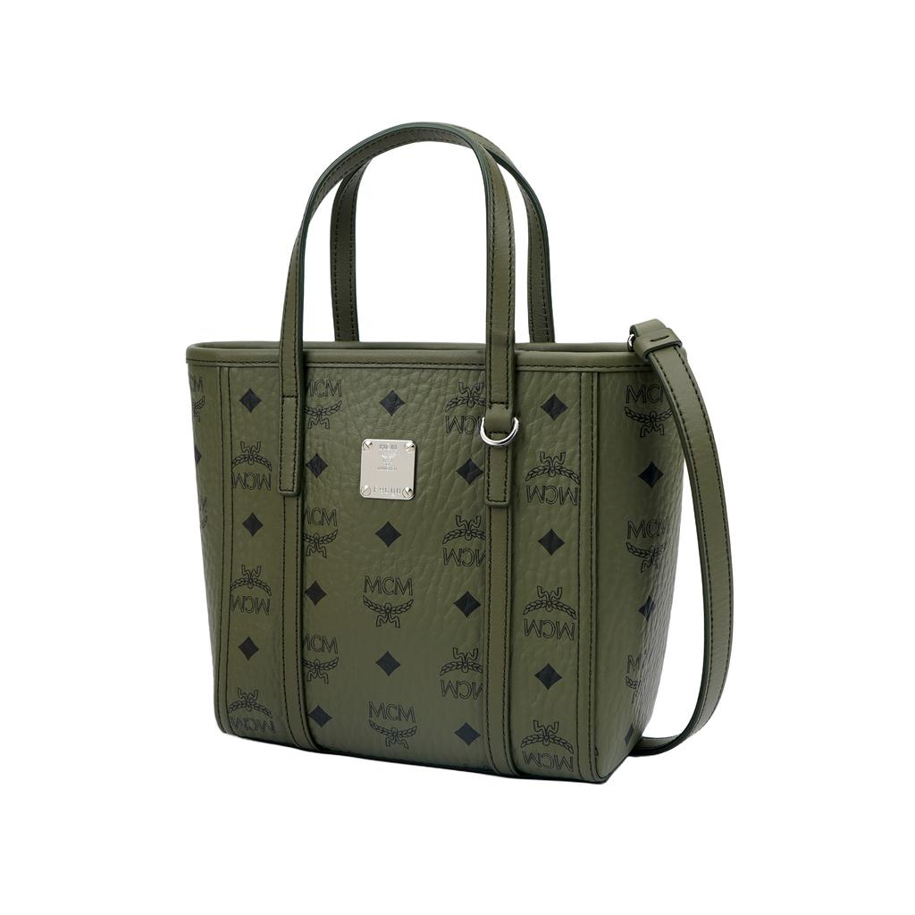 MCM Logo Print Brass Nameplate Tote Bag Visetos Classic Pattern Faux Leather Handbag Mini Women Tote Bags Green MWPFAMT08K8001