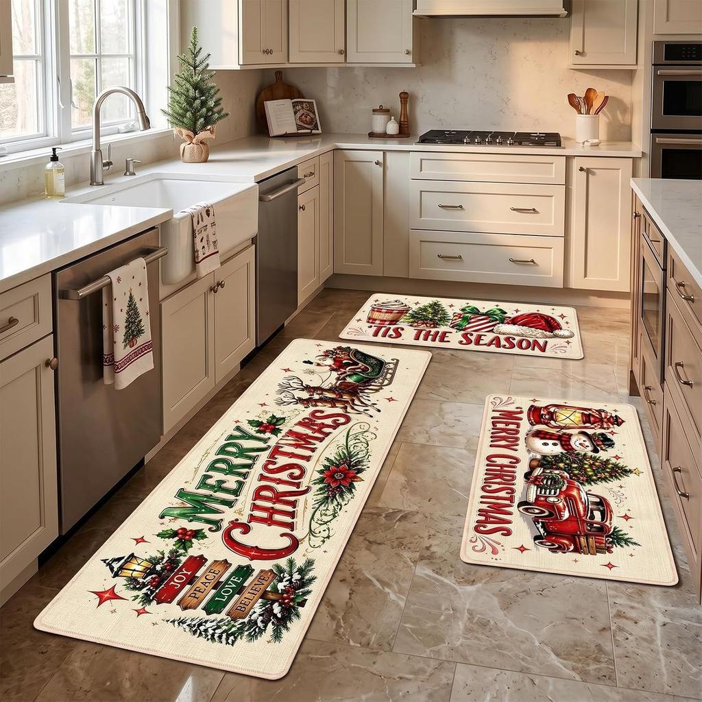3Pcs Christmas Kitchen Mat Non Slip Washable Crystal Velvet Floor Rugs Holiday Home Decoration