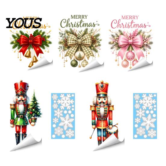 Winter Holiday Gift Nutcracker Soldier/Bow Window Static Decals, Waterproof PVC Christmas Stickers, Party Supplies Reusable Wall Stickers for
