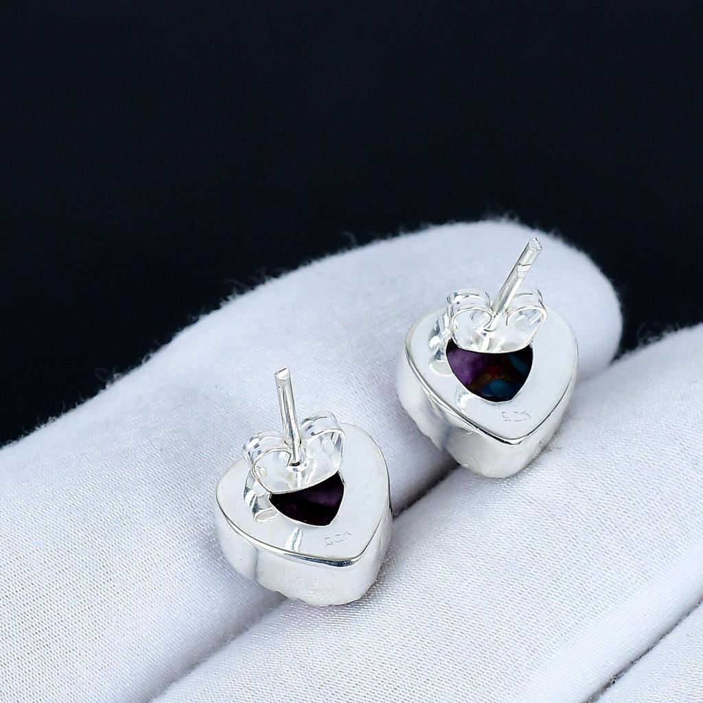 Kingman Spiny Turquoise Earrings | 925 Sterling Silver Stud Earrings | Handmade Gemstone Love Studs Heart Earrings | Boho Jewelry Valentine's Day Gift
