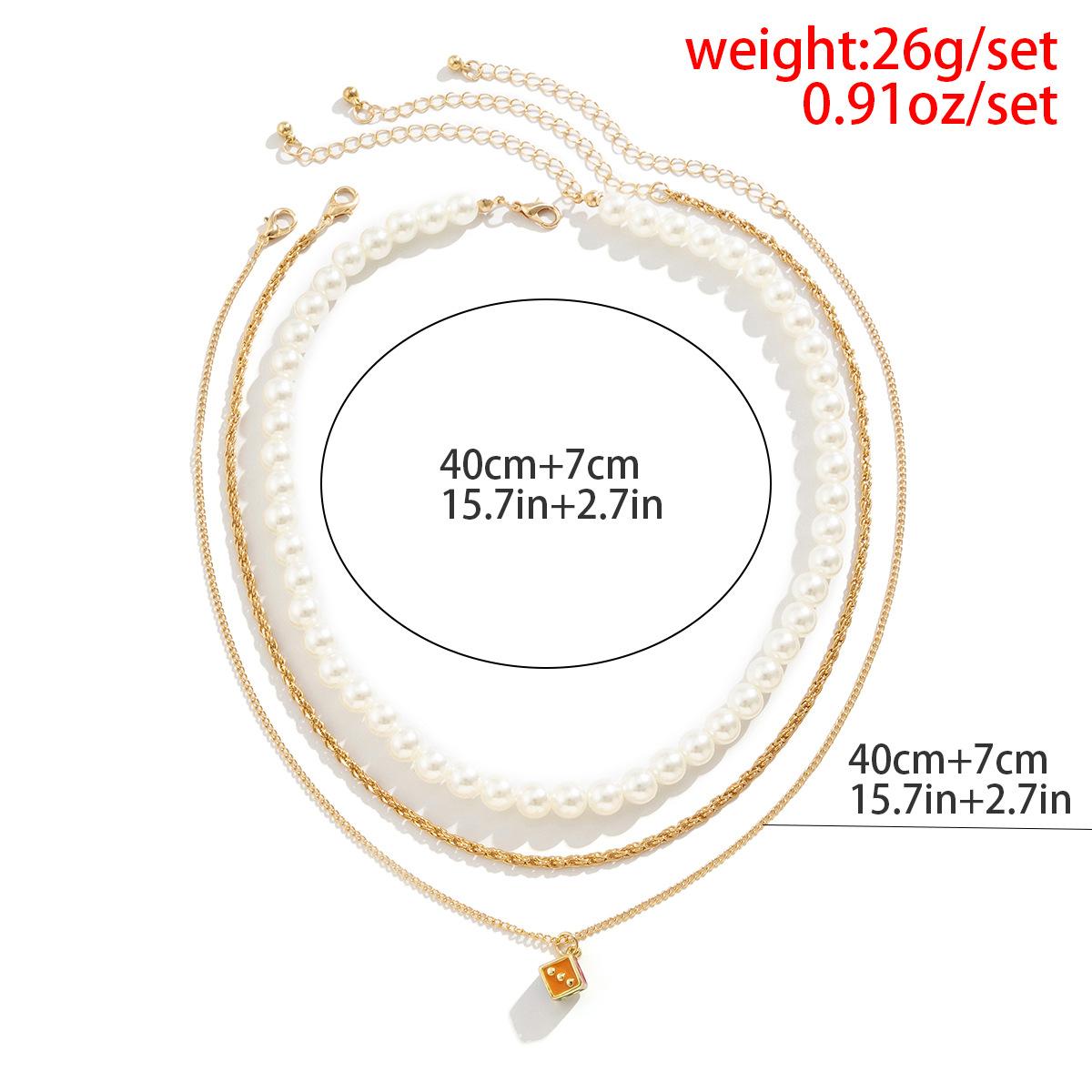 Hip Hop Retro Geometric Multi-layer Pearl Necklace Simple Colorful Dice Pendant Necklace for Men Gold 03324