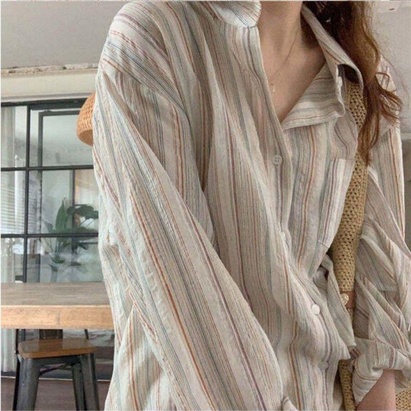 Oversize Women's Jmprs Korean Vintage Striped Shirts Long Sleeve Designed Summer Cotton Loose Button Up Shirt Female Tops