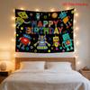 Vibrant Happy Birthday Robot Party Tapestry Wall Decor for Kids Nursery Room Cute Space Robots Comic Art Polyester Hanging Decor