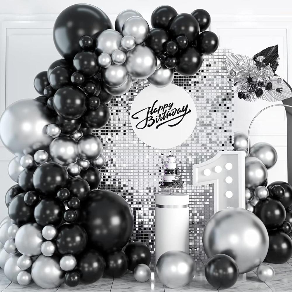 Black Balloons Garland Kit Metallic Silver Balloon Arch Graduation Birthday Party Baby Shower New Year 2025 Wedding Decoration