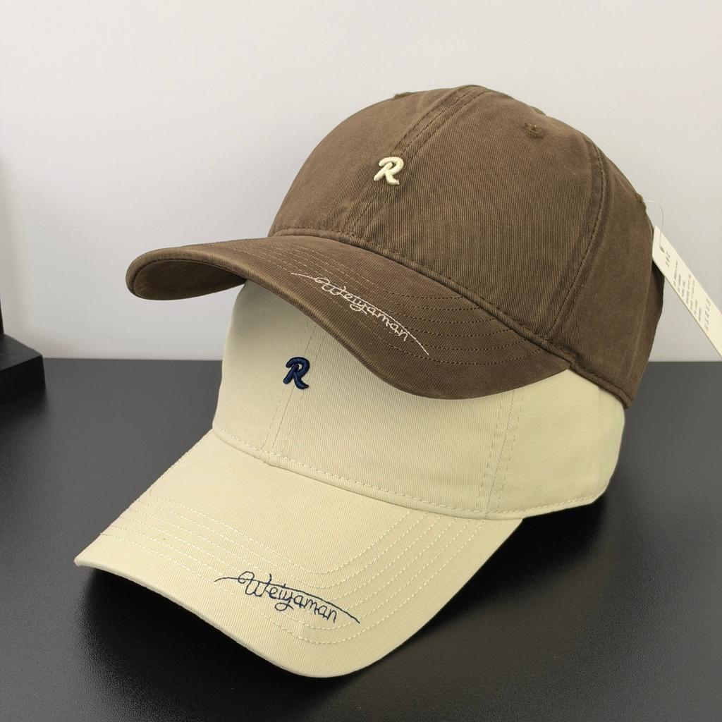 Fashion Hat Korean version embroidery R letter Weiya man pure cotton soft top baseball cap women's big head circumference shows face small shade cap