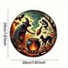 PC Vintage Halloween Hexe Katze Metallschild Rustikale Wandkunst mit Kessel Fledermäusen Herbstlaub Detaillierte Illustration