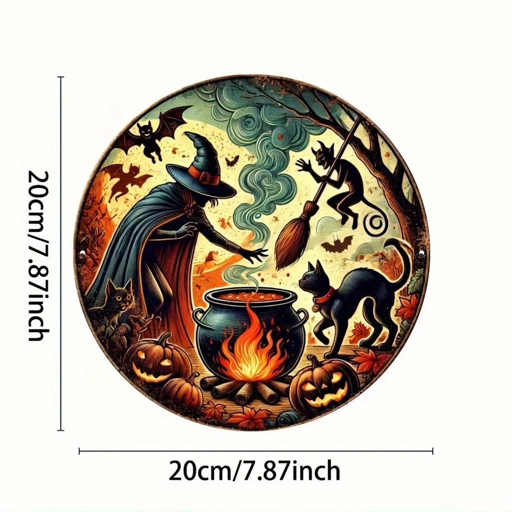 PC Vintage Halloween Hexe Katze Metallschild Rustikale Wandkunst mit Kessel Fledermäusen Herbstlaub Detaillierte Illustration