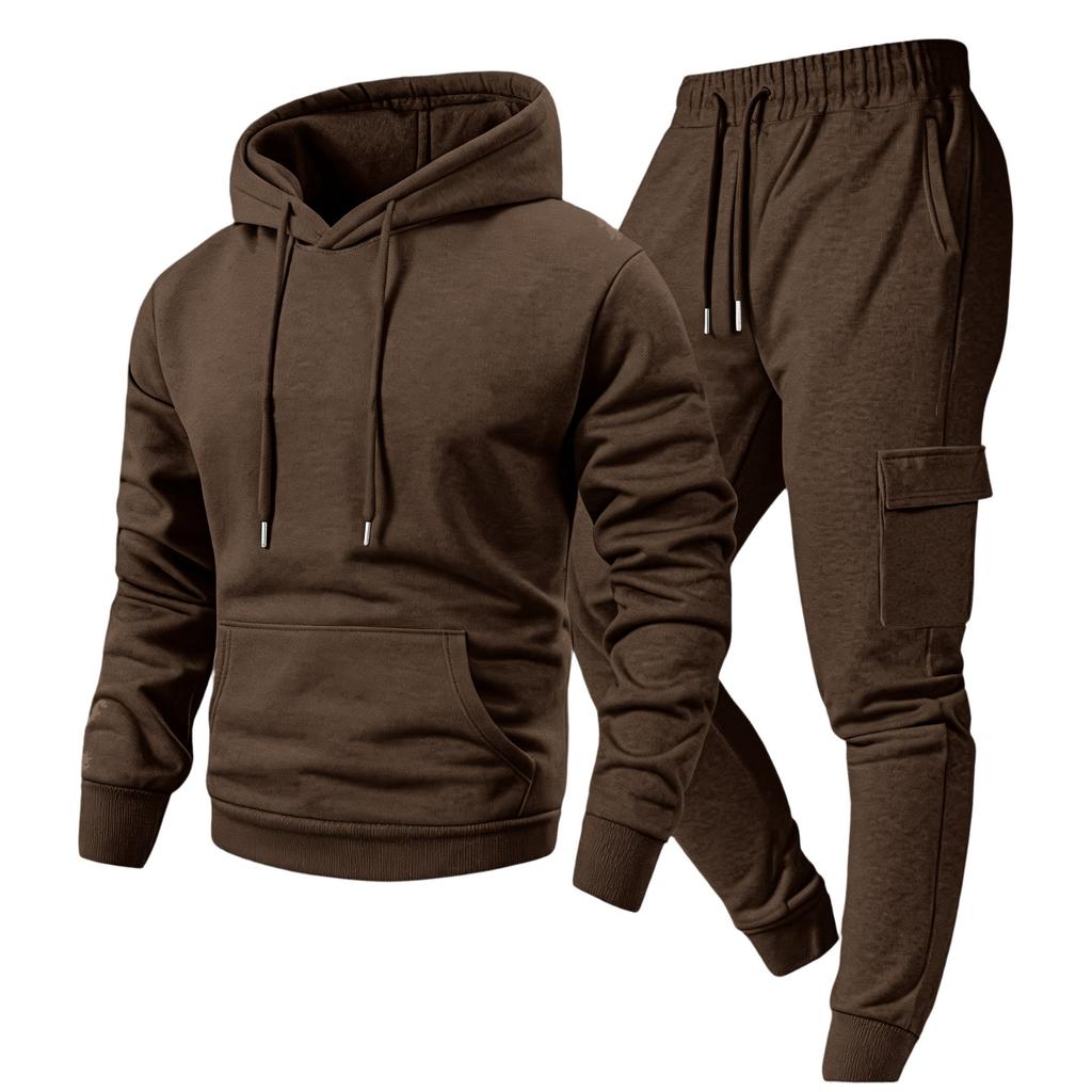 Men's Casual Outdoor Sports Two-Piece Set - Color Sweatshirt and Elastic Waist Cargo Jogger Pants
