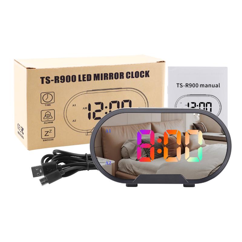 Desktop Mirror Led Alarm Clock Simple Led RGB Display Time with Stepless Volume Adjustment Mirror Clock for Deep Sleeper
