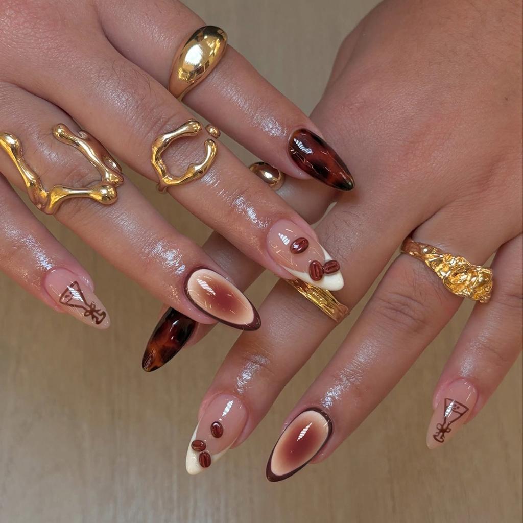 24PCS Black White Zebra Pattern French Simple Nails Tips 3D Cherry Amber Almond Press On Fake Nails Wearable Artificial Manicure