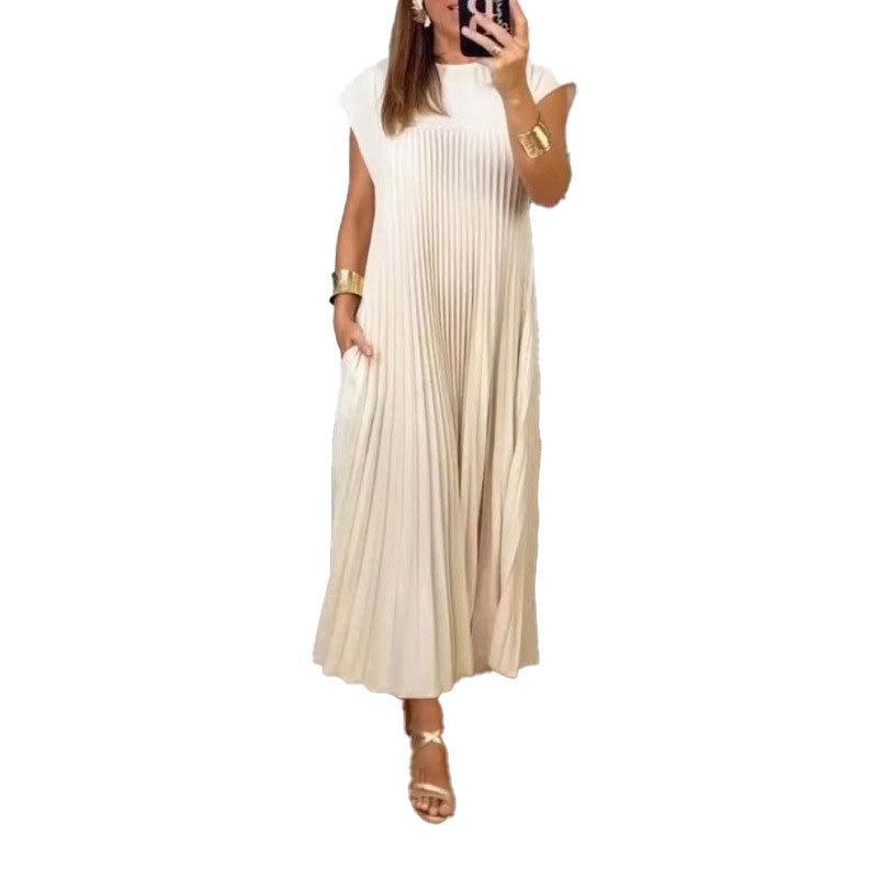 Frühlings-Neues Kleid Damen Elegant Mode Rundhals Ärmellos Plissee Lang