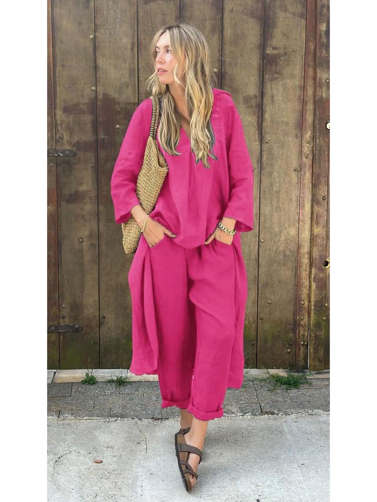 Set da Donna Primavera 2025 Taglie Forti Cotone Lino Set 2 Pezzi: Pantaloni Larghi a Vita Alta & Camicia