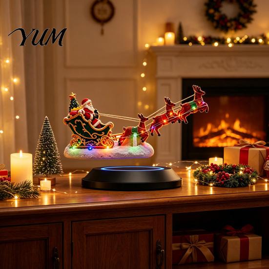 Compact Holiday Table Decorations Floating Santa Sleigh Centerpiece, Magnetic Levitation Flying Ornament with LED Christmas Centerpiece for Fireplaces