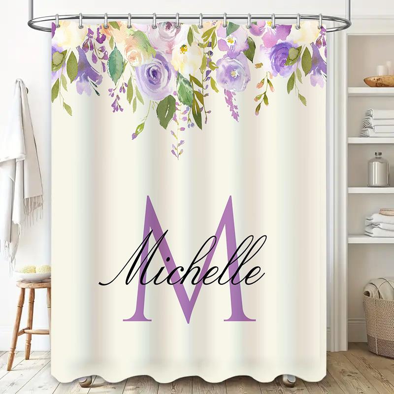 Customized Name Initials Bathroom Shower Curtain with Floral Design for Home Decor Personalized Custom Size Available (White Bac