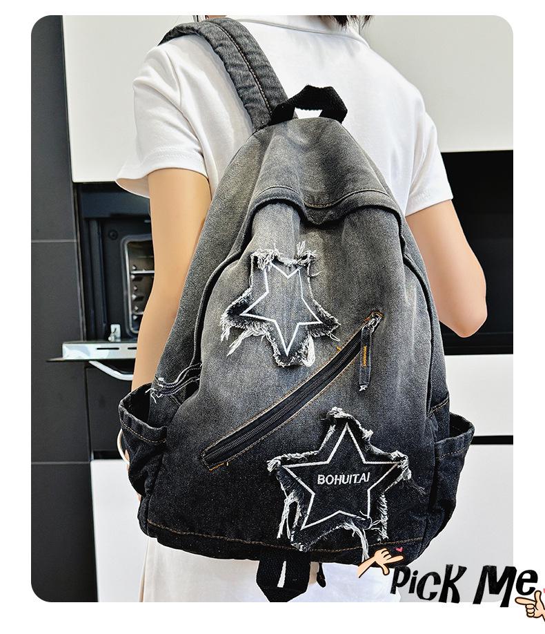 2025 Gradient Wash Star Design Retro Denim Backpack for Students