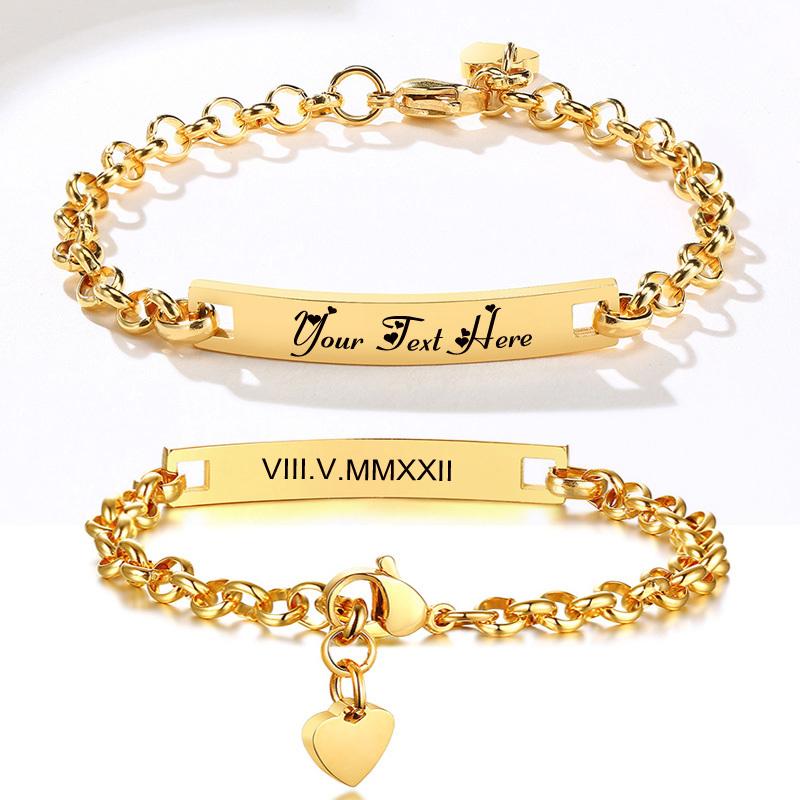 Engraved Name Bar Bracelet Personalized, Gold Plated Stainless Steel Heart Chain, Custom Gift for Women Girlfriend Mom Wife