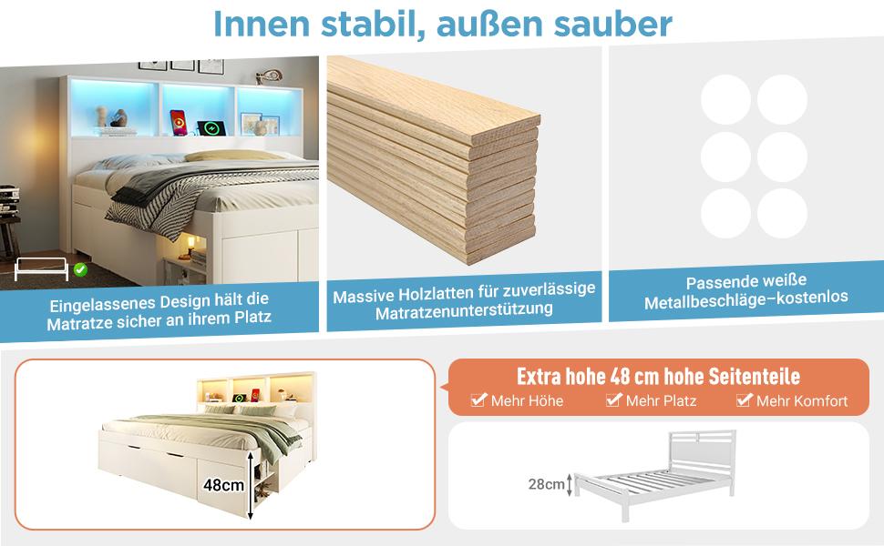 Bed 140x200 cm White with 2 Movable Nightstands, Wooden Bed with LED Lighting and USB Type-C Charging, Frame with Drawer and Shelves, without Mattress