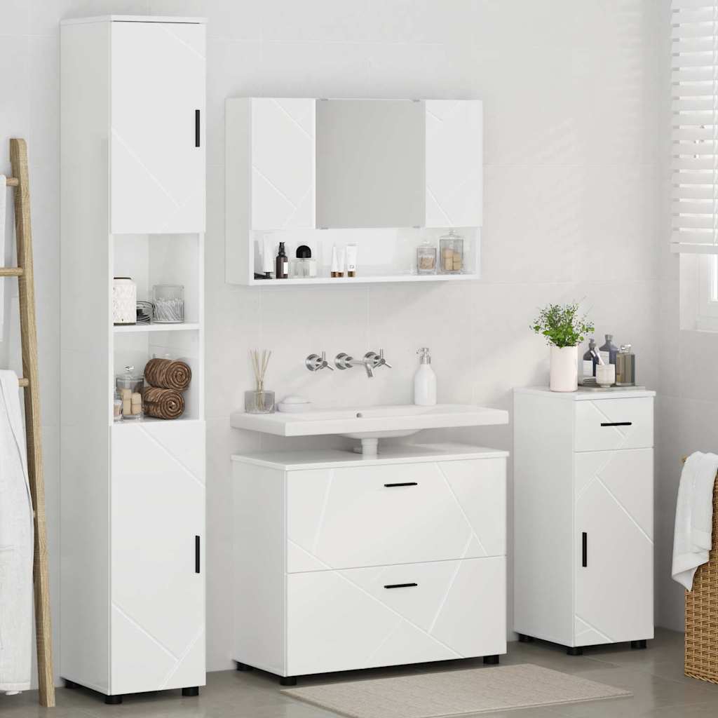 Bathroom Furniture Set 4 Pcs High Gloss White Plywood and Metal