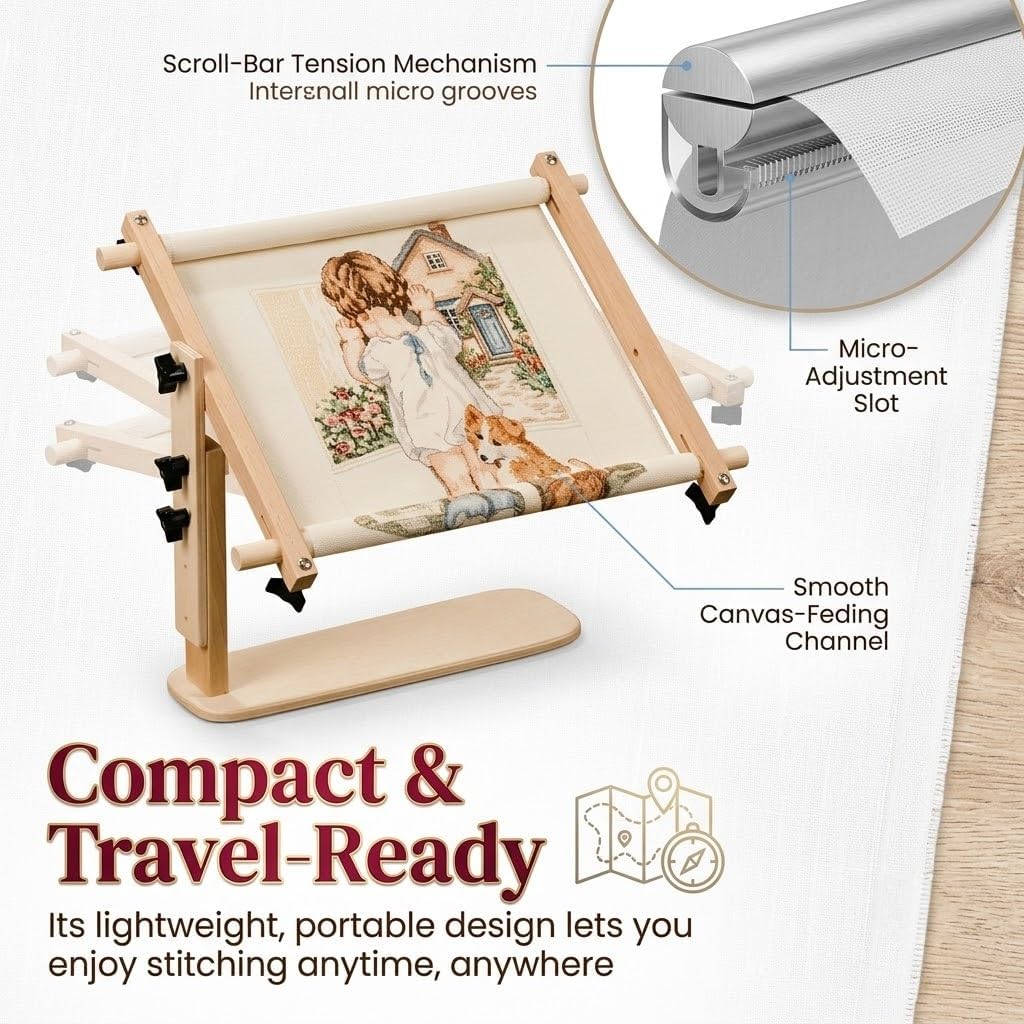 Portable Adjustable Tabletop Embroidery Stand with Split Rail Scroll Frame Hands-Free Ergonomic Cross Stitch Holder Needlework Tapestry Lap Frame