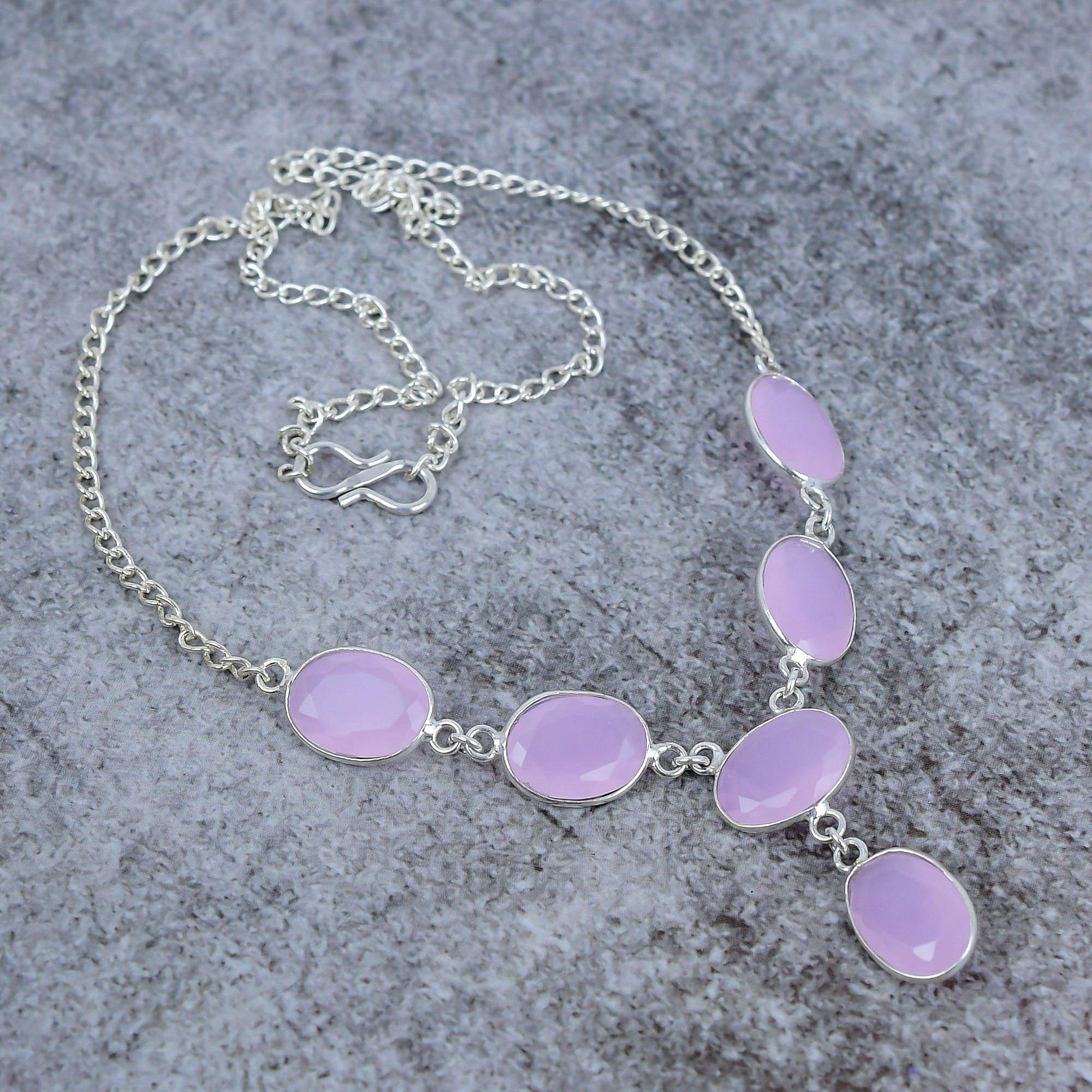 

Рожевий Халцедон Дорогоцінний Камінь Ручна Робота Срібло 925 Проби Ювелірний Виріб Намисто 18 M-412