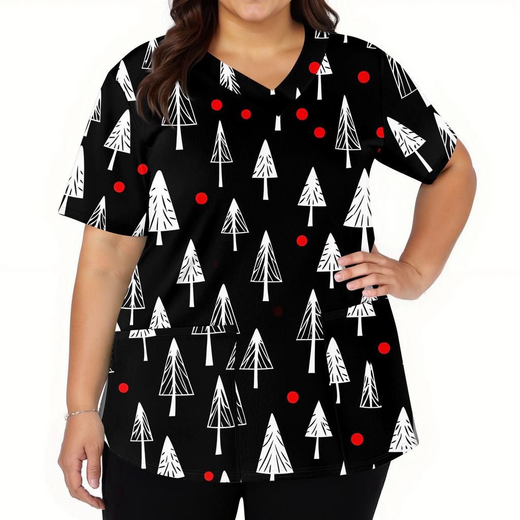 Women's Fashion V-neck Short Sleeve Workwear With Pockets Christmas Printed Tops