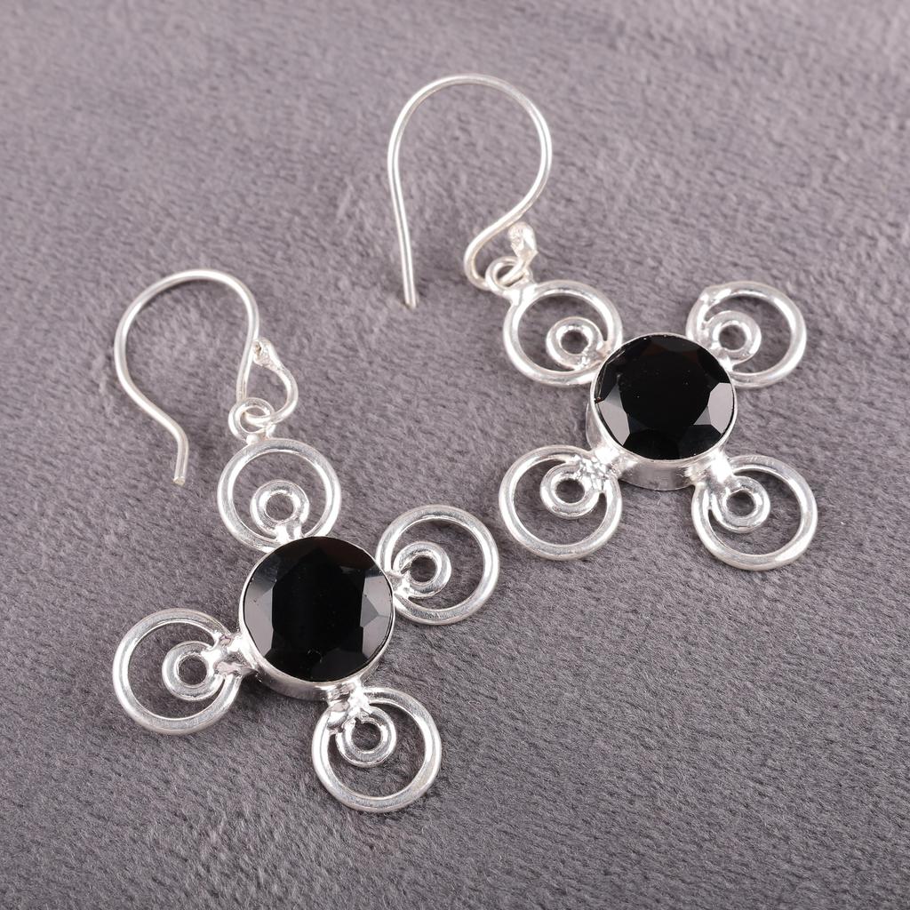 Black Onyx Gemstone Silver Jewelry, 925 Sterling Silver Earrings, Handmade Designer Onyx Earrings Gift For Catholics