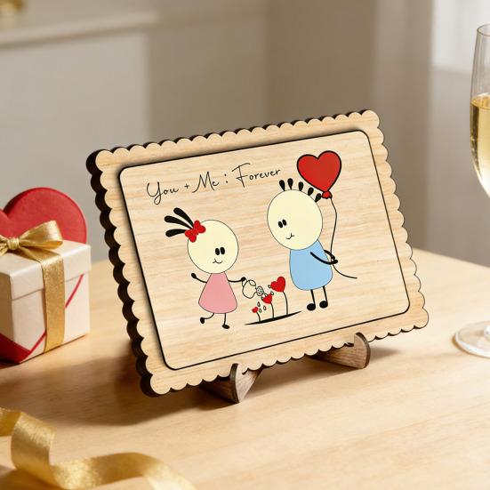 Wooden Couple Table Sign with Stand Farmhouse Rustic Cartoon Couple Ornament Valentine's Day Anniversary Wedding Party Decoration