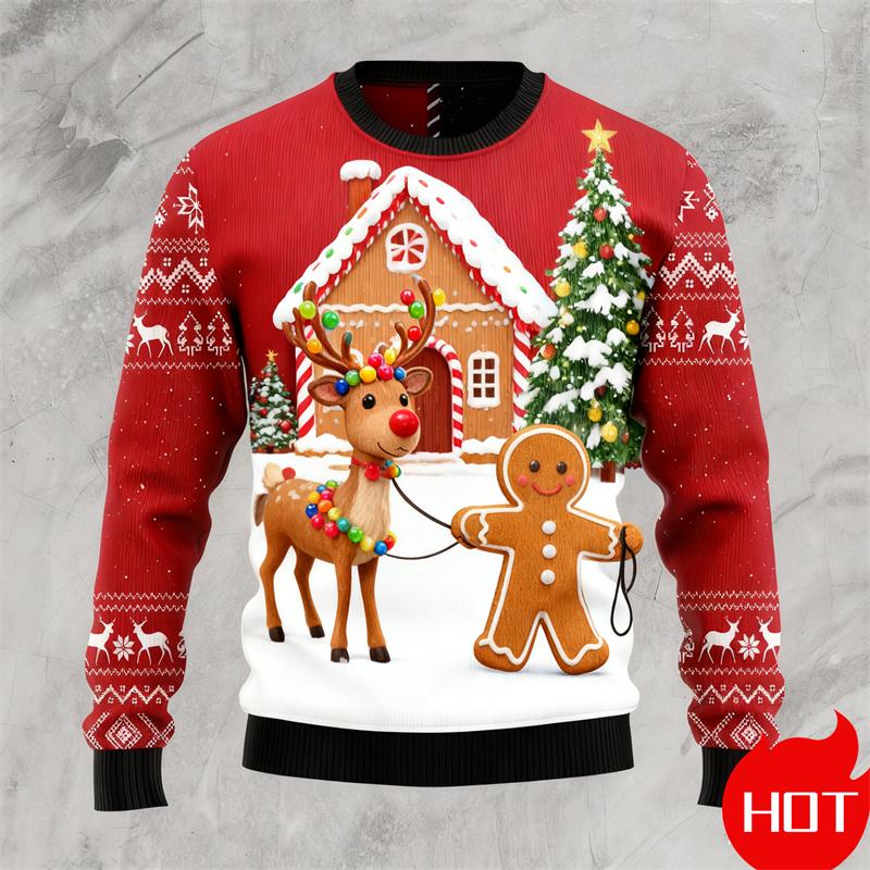 Autumn New Gingerbread Man Print Christmas Sweater Funny Women Ugly Christmas Sweater Gift Tops Couple Crewneck Sweatshirt Tops
