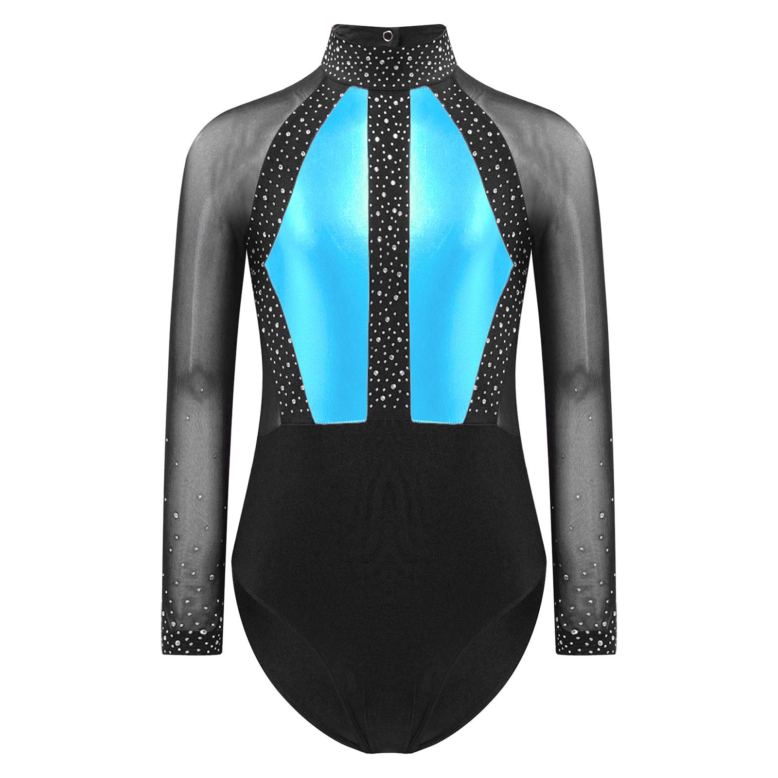 

Дівчачий блискучий леотар зі стразами, колор-блок, печворк, спина з вирізом, прозорий сітчастий боді з довгим рукавом 9-10 Years світло-синій колір