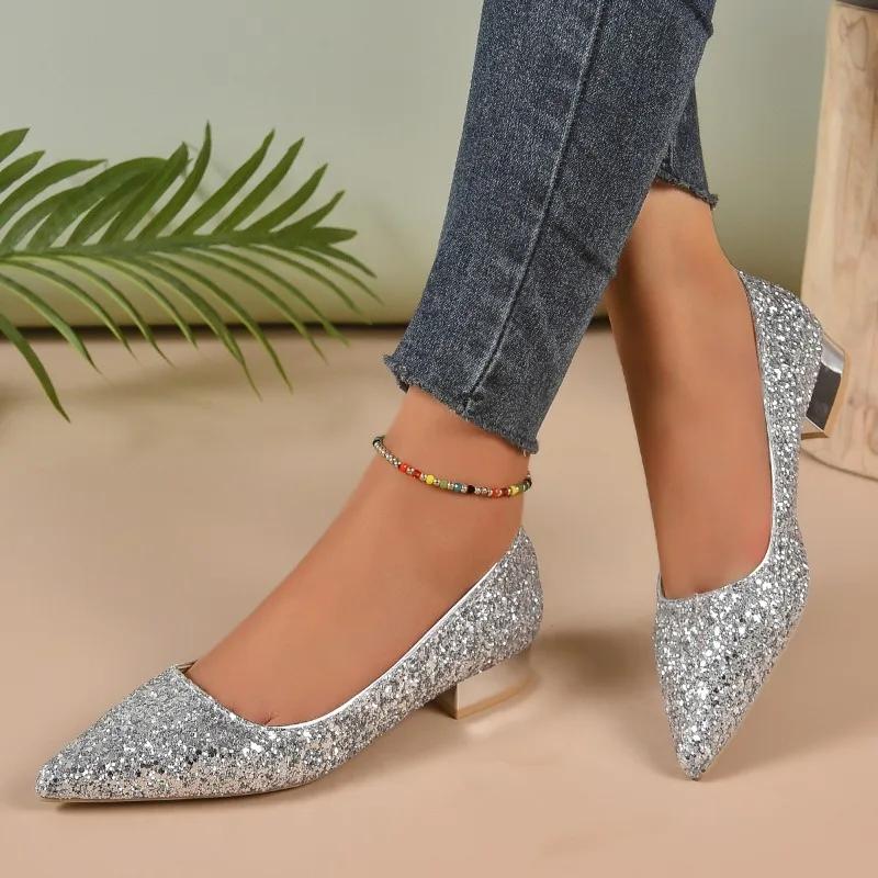 Damen-Flatschuhe Niedriger Absatz Flacher Ausschnitt Pailletten Frühling und Herbst Flatschuhe für Damen